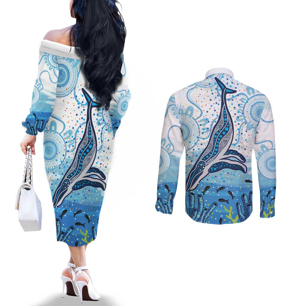 World Ocean Day Australia Aboriginal Couples Matching Off The Shoulder Long Sleeve Dress and Long Sleeve Button Shirt Whale Watching