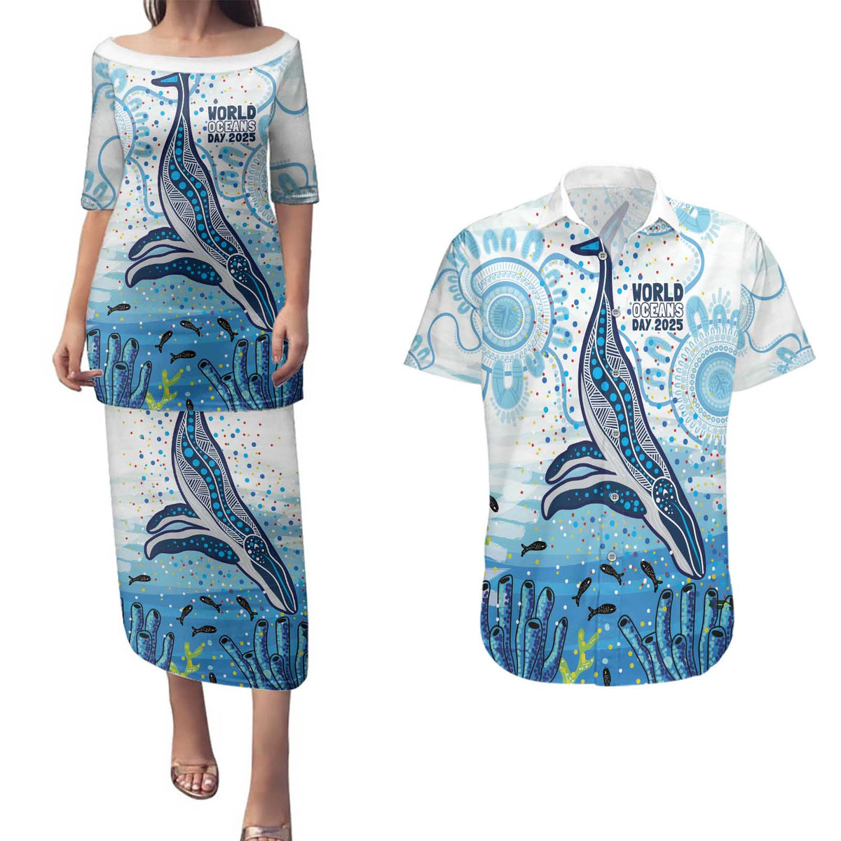 World Ocean Day Australia Aboriginal Couples Matching Puletasi and Hawaiian Shirt Whale Watching