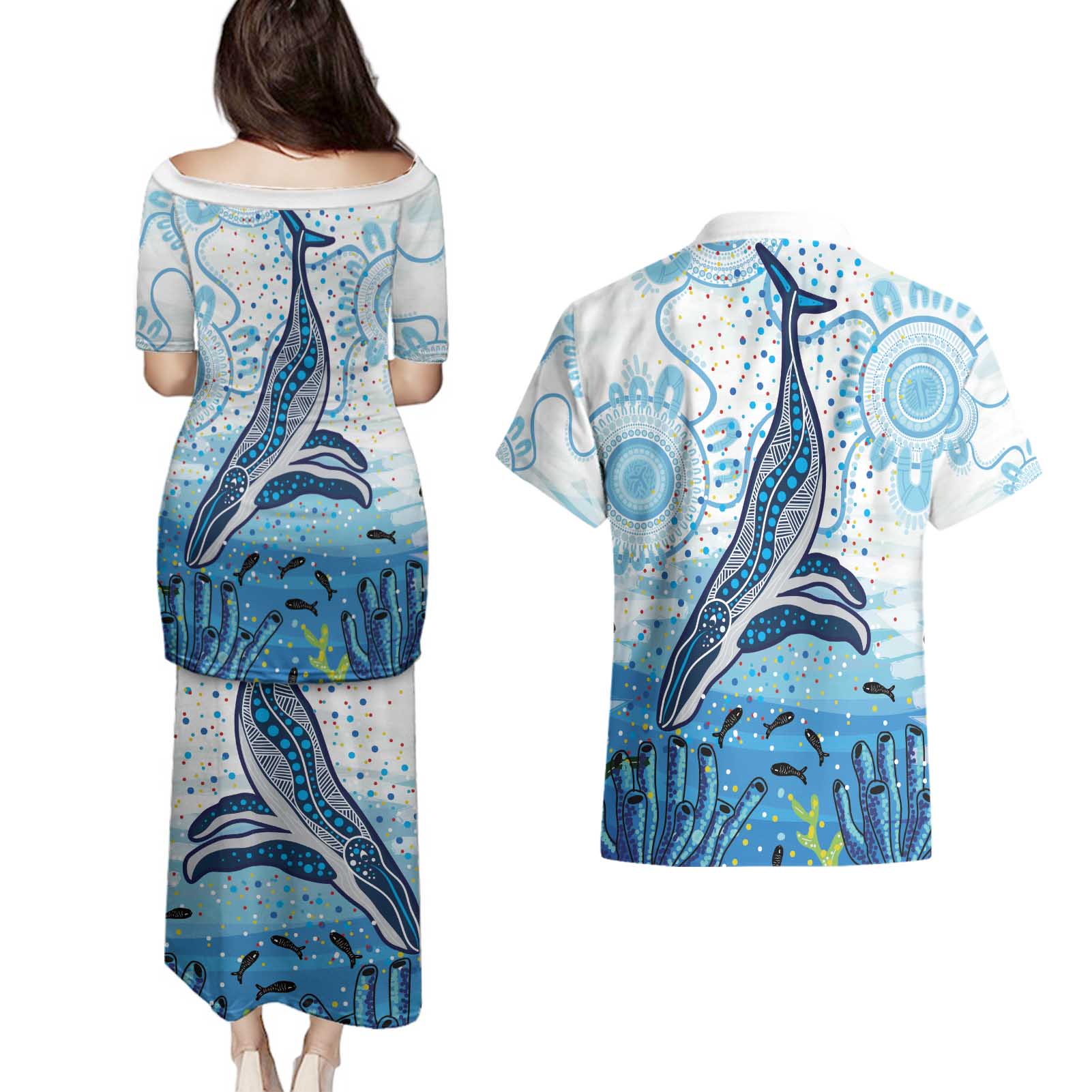 World Ocean Day Australia Aboriginal Couples Matching Puletasi and Hawaiian Shirt Whale Watching