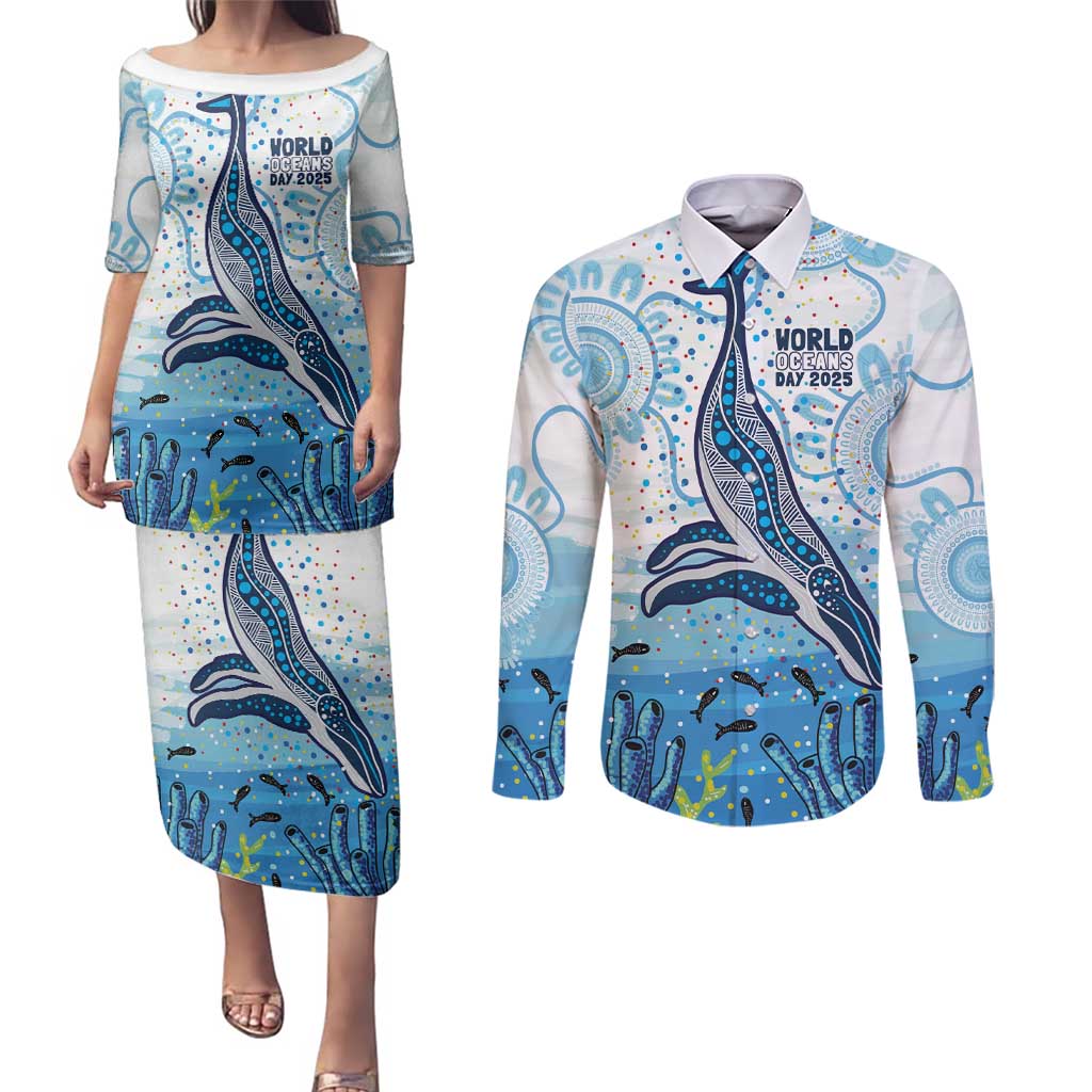 World Ocean Day Australia Aboriginal Couples Matching Puletasi and Long Sleeve Button Shirt Whale Watching