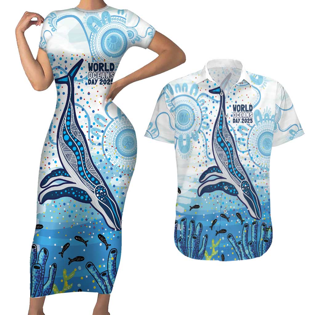 World Ocean Day Australia Aboriginal Couples Matching Short Sleeve Bodycon Dress and Hawaiian Shirt Whale Watching