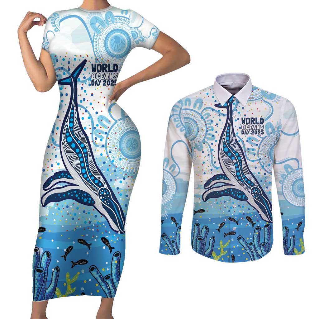 World Ocean Day Australia Aboriginal Couples Matching Short Sleeve Bodycon Dress and Long Sleeve Button Shirt Whale Watching