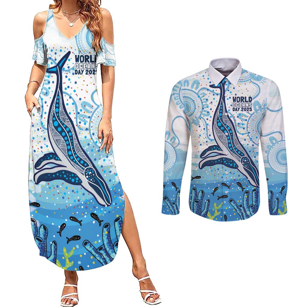 World Ocean Day Australia Aboriginal Couples Matching Summer Maxi Dress and Long Sleeve Button Shirt Whale Watching