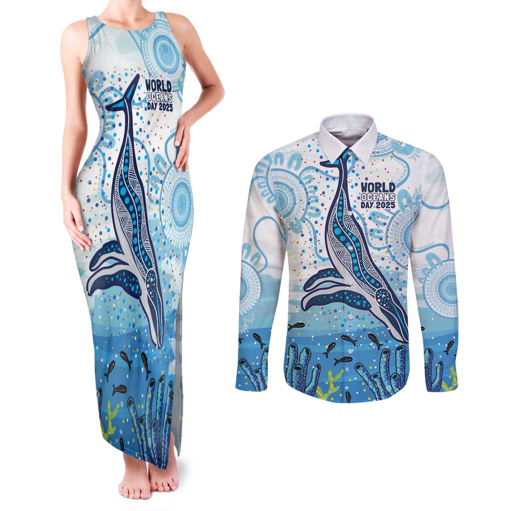 World Ocean Day Australia Aboriginal Couples Matching Tank Maxi Dress and Long Sleeve Button Shirt Whale Watching