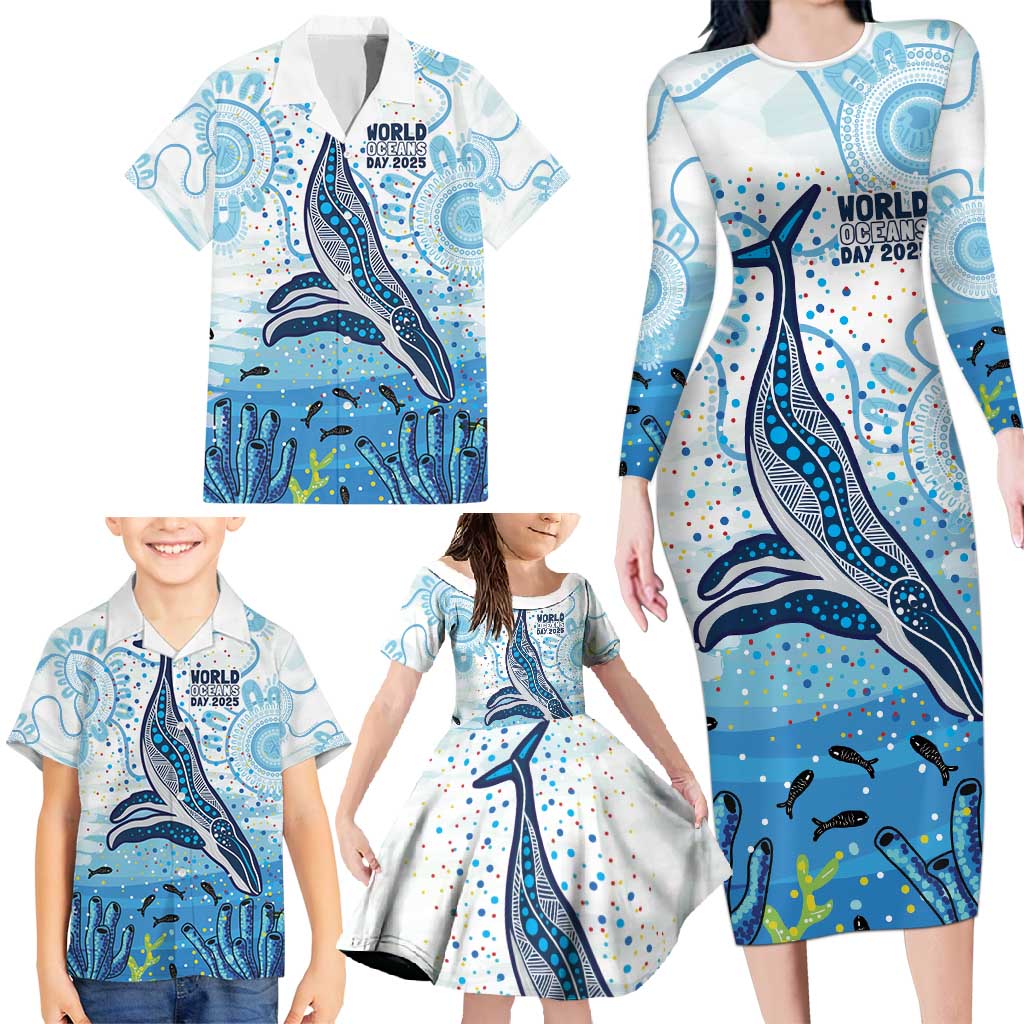 World Ocean Day Australia Aboriginal Family Matching Long Sleeve Bodycon Dress and Hawaiian Shirt Whale Watching