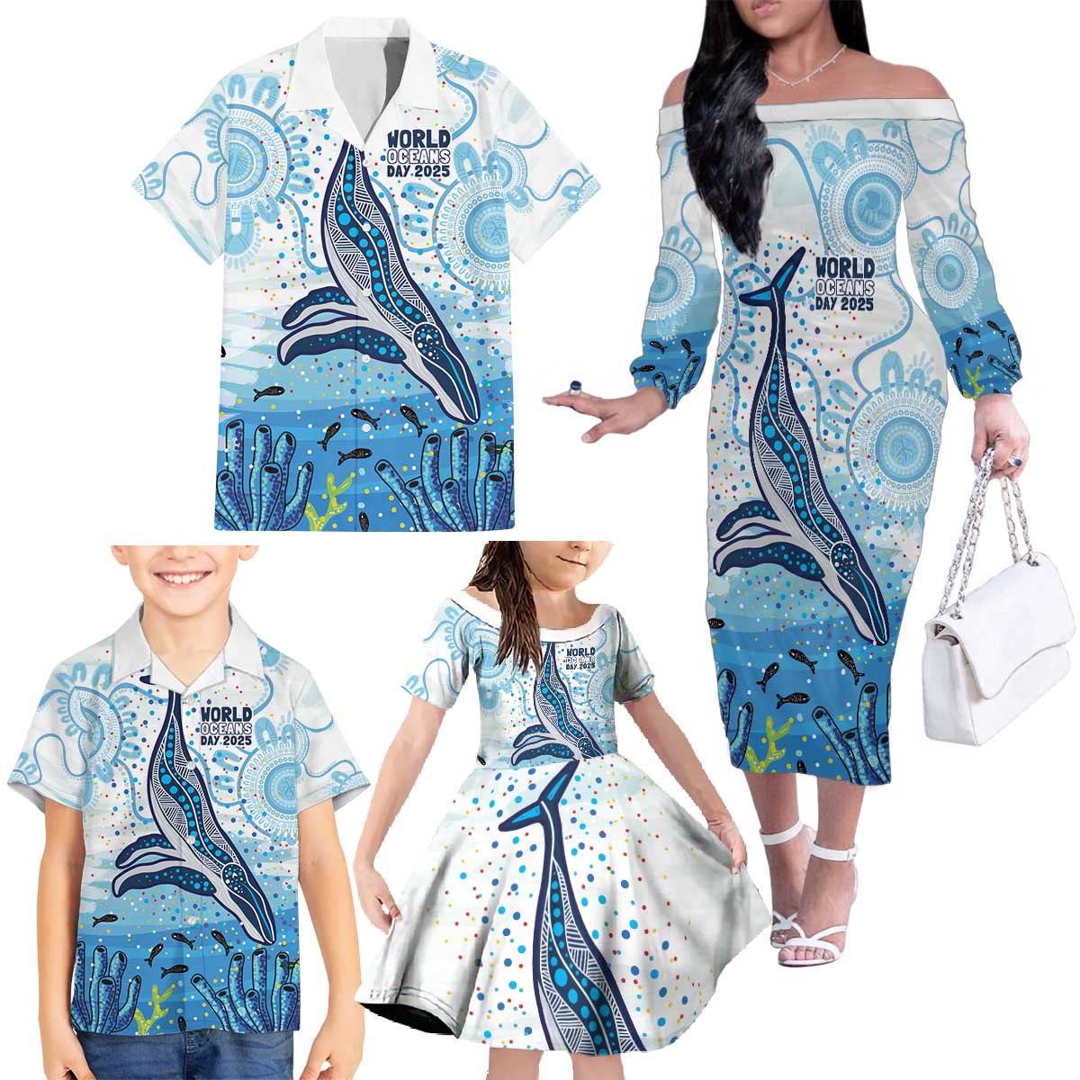 World Ocean Day Australia Aboriginal Family Matching Off The Shoulder Long Sleeve Dress and Hawaiian Shirt Whale Watching