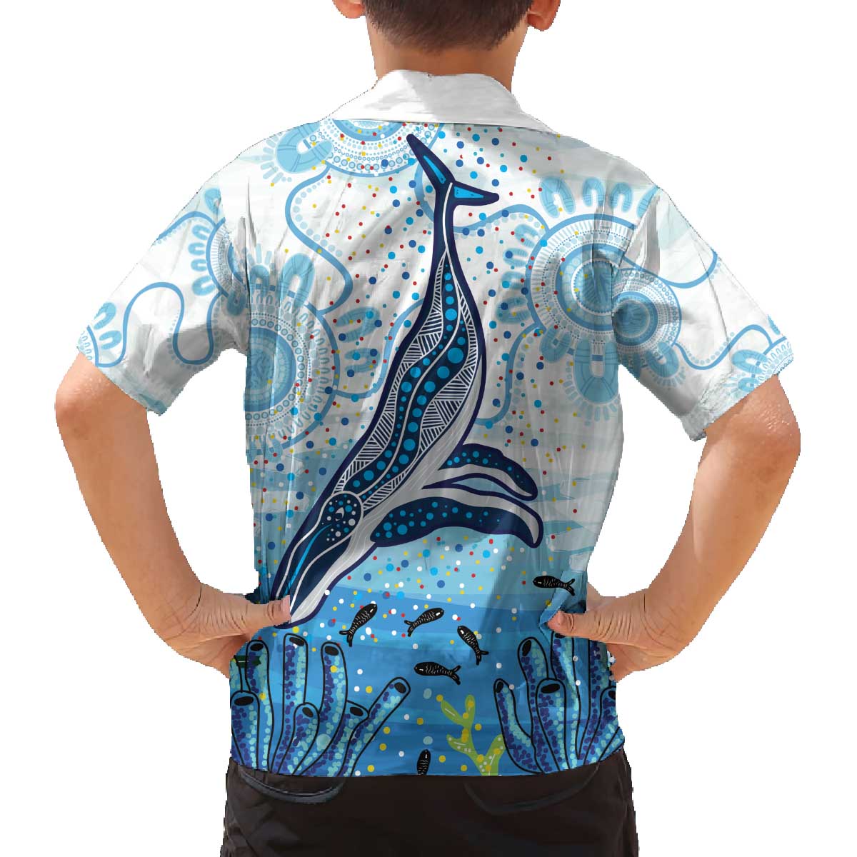 World Ocean Day Australia Aboriginal Family Matching Off The Shoulder Long Sleeve Dress and Hawaiian Shirt Whale Watching