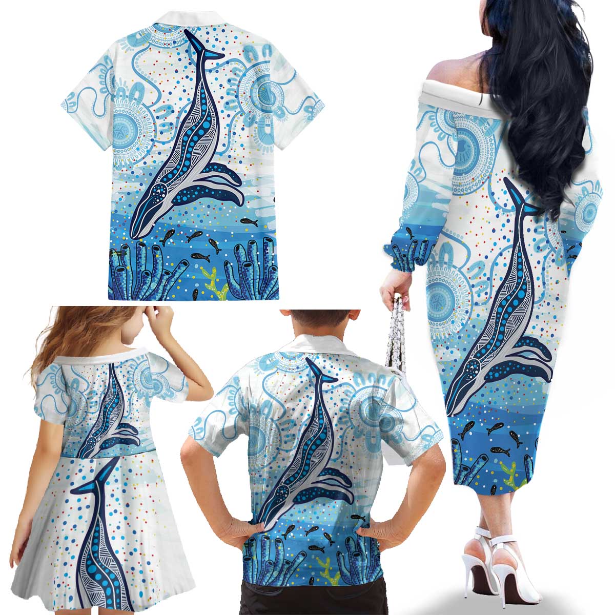 World Ocean Day Australia Aboriginal Family Matching Off The Shoulder Long Sleeve Dress and Hawaiian Shirt Whale Watching