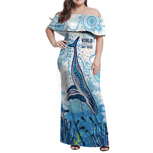 World Ocean Day Australia Aboriginal Family Matching Off Shoulder Maxi Dress and Hawaiian Shirt Whale Watching
