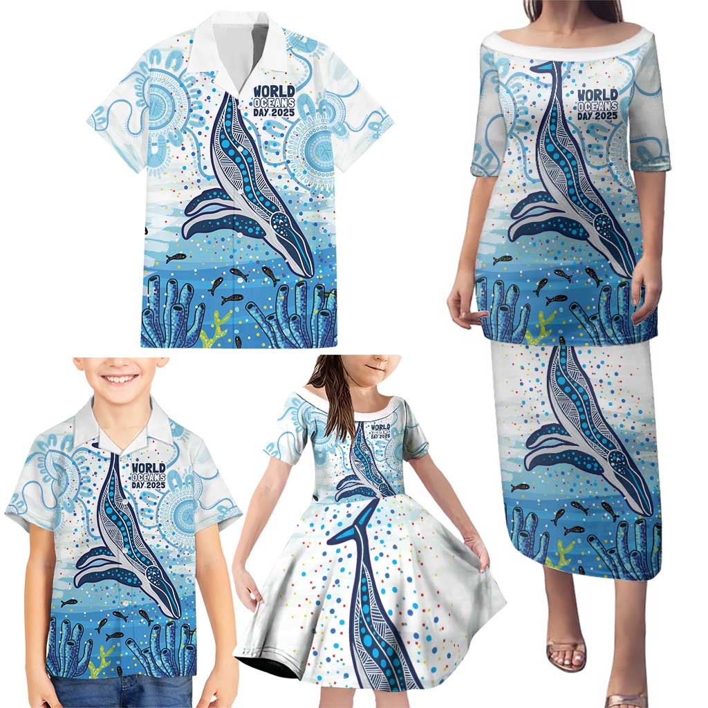 World Ocean Day Australia Aboriginal Family Matching Puletasi and Hawaiian Shirt Whale Watching