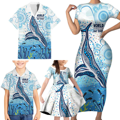 World Ocean Day Australia Aboriginal Family Matching Short Sleeve Bodycon Dress and Hawaiian Shirt Whale Watching