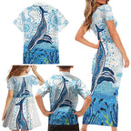 World Ocean Day Australia Aboriginal Family Matching Short Sleeve Bodycon Dress and Hawaiian Shirt Whale Watching