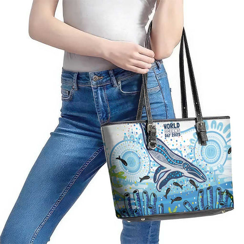 World Ocean Day Australia Aboriginal Leather Tote Bag Whale Watching