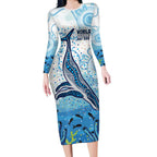World Ocean Day Australia Aboriginal Long Sleeve Bodycon Dress Whale Watching