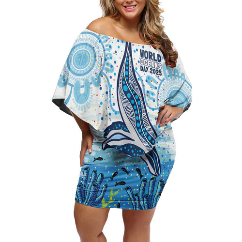 World Ocean Day Australia Aboriginal Off Shoulder Short Dress Whale Watching