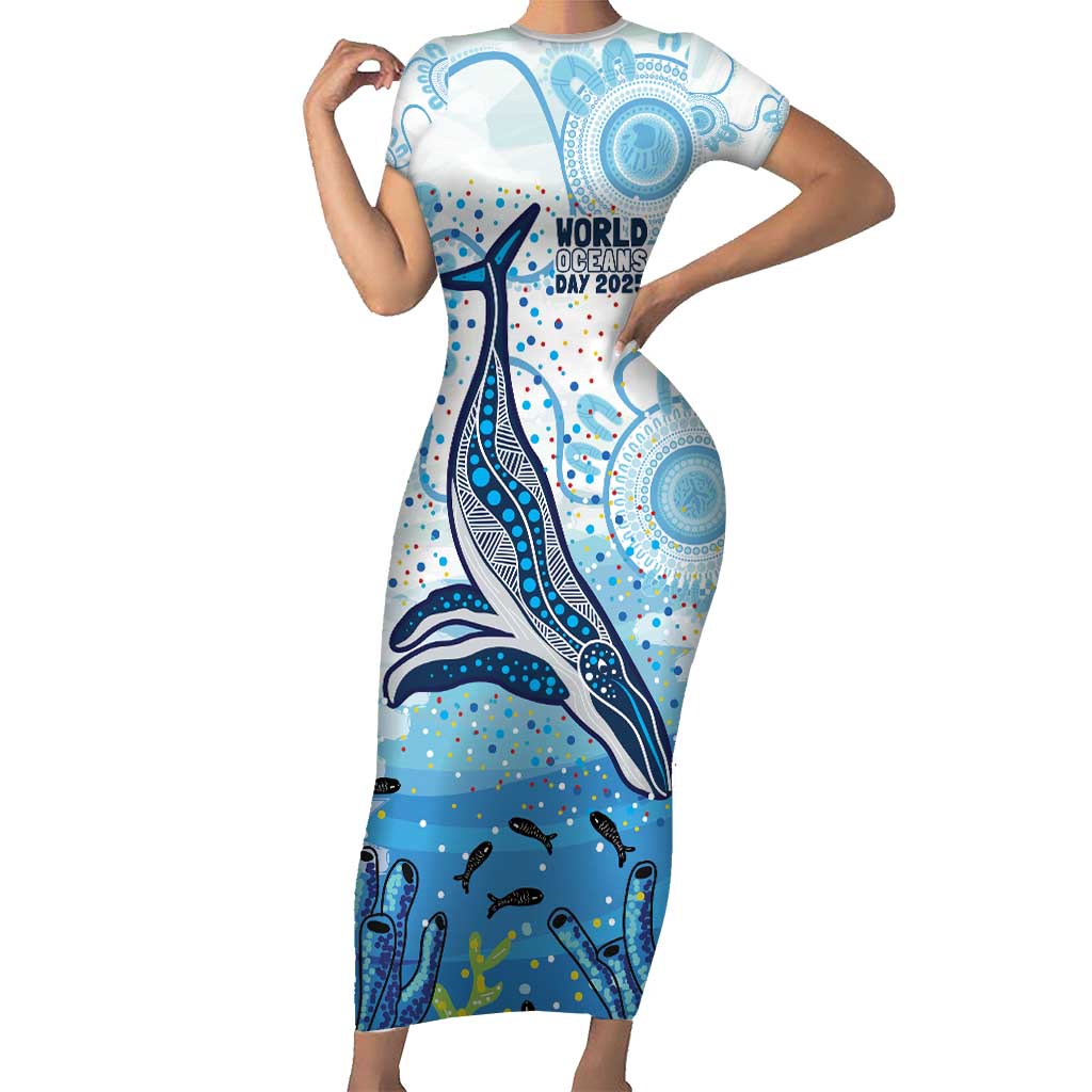 World Ocean Day Australia Aboriginal Short Sleeve Bodycon Dress Whale Watching