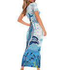 World Ocean Day Australia Aboriginal Short Sleeve Bodycon Dress Whale Watching
