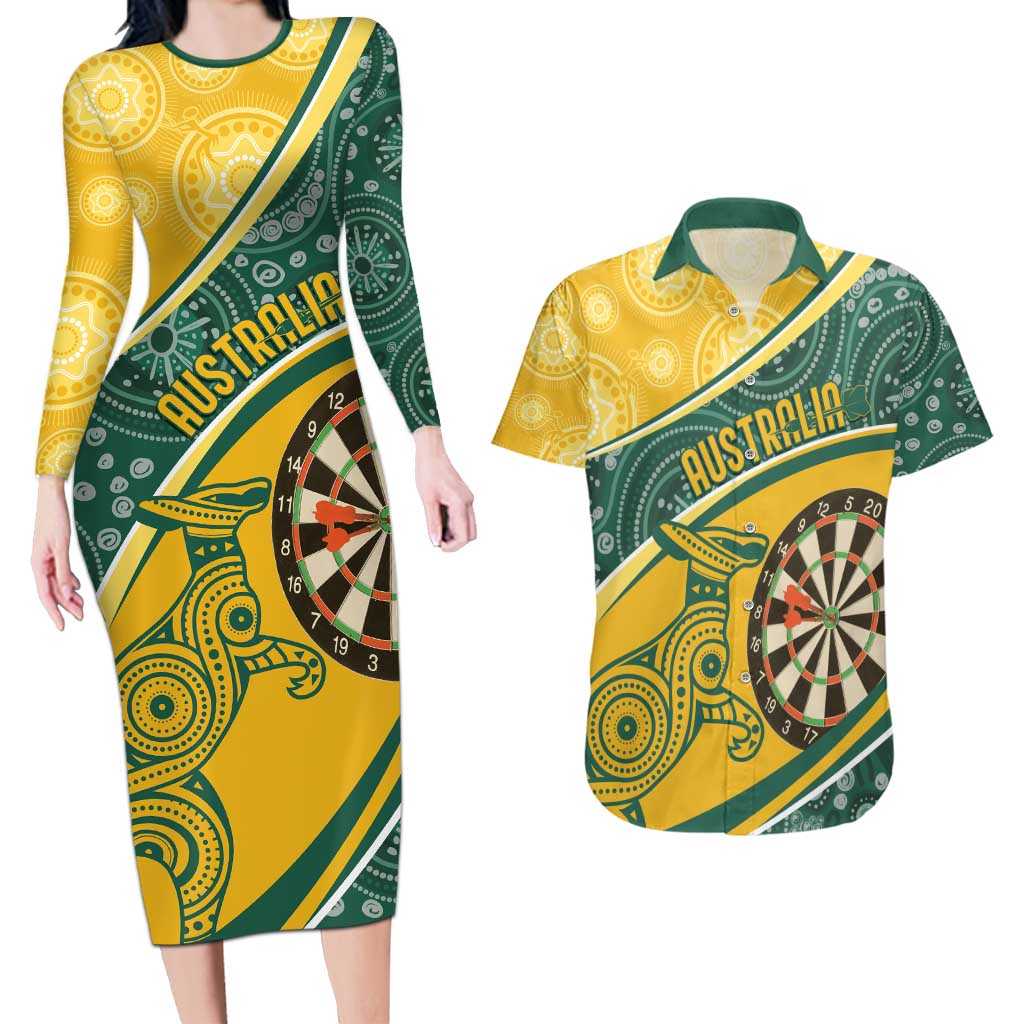 Australia Darts Personalized Indigenous Couples Matching Long Sleeve Bodycon Dress and Hawaiian Shirt Champion Roos