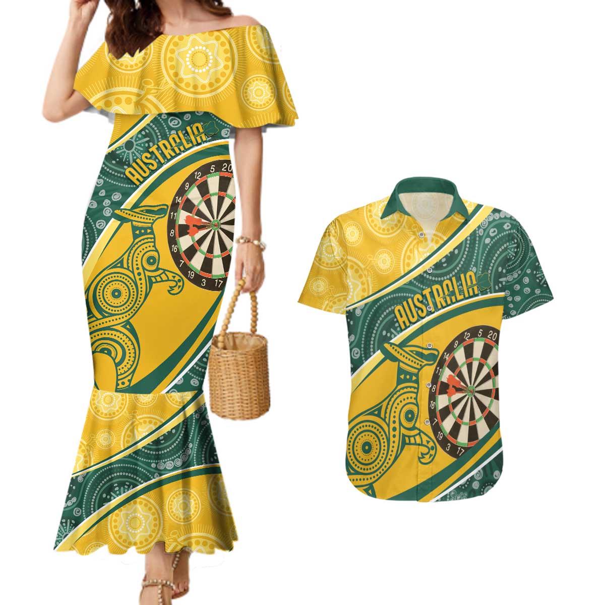 Australia Darts Personalized Indigenous Couples Matching Mermaid Dress and Hawaiian Shirt Champion Roos
