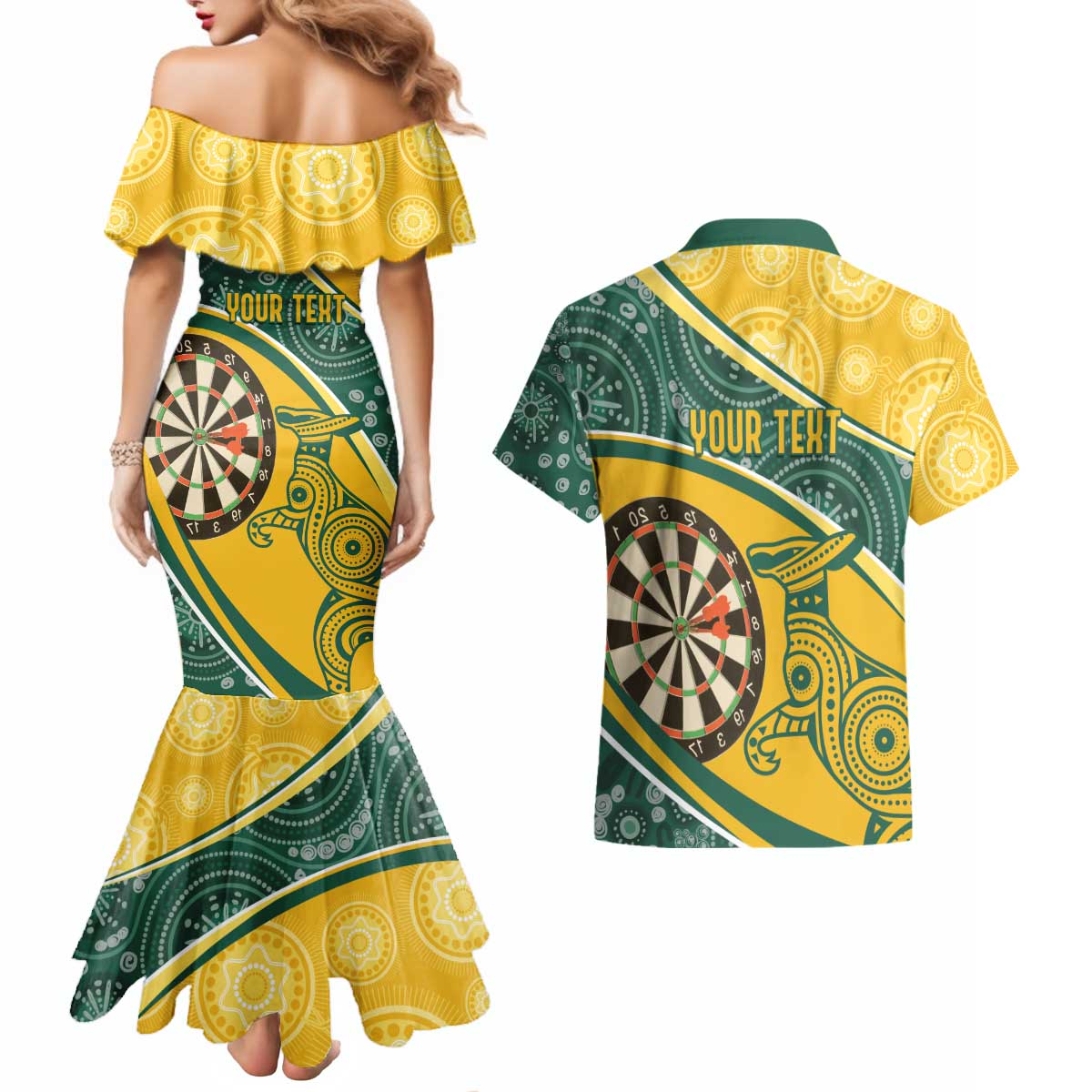 Australia Darts Personalized Indigenous Couples Matching Mermaid Dress and Hawaiian Shirt Champion Roos