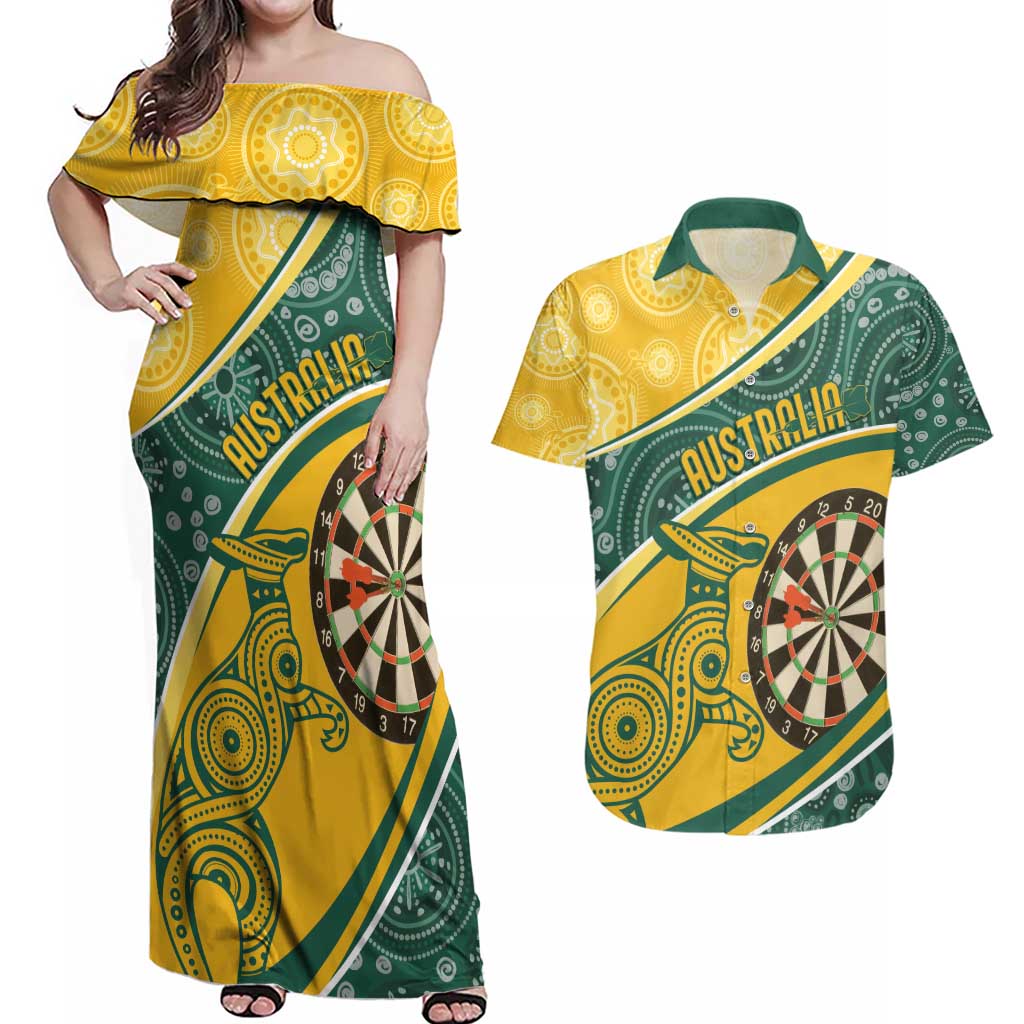 Australia Darts Personalized Indigenous Couples Matching Off Shoulder Maxi Dress and Hawaiian Shirt Champion Roos