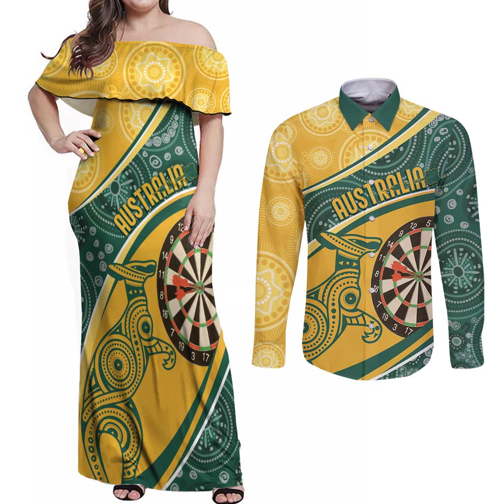Australia Darts Personalized Indigenous Couples Matching Off Shoulder Maxi Dress and Long Sleeve Button Shirt Champion Roos