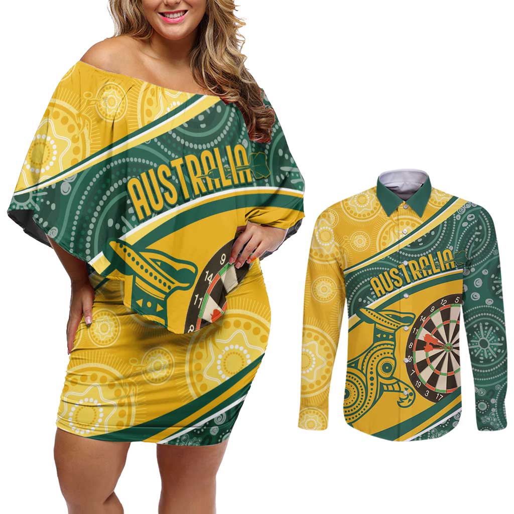 Australia Darts Personalized Indigenous Couples Matching Off Shoulder Short Dress and Long Sleeve Button Shirt Champion Roos