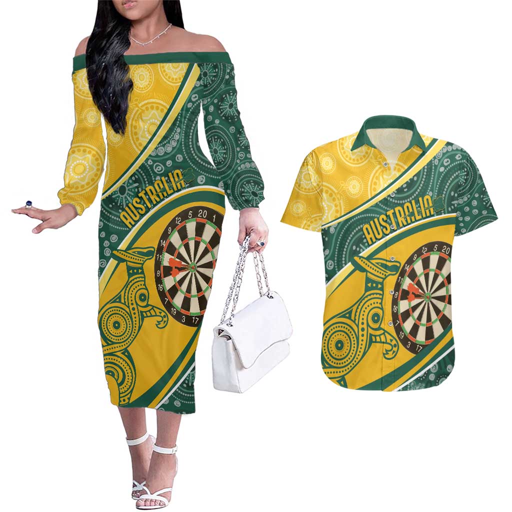 Australia Darts Personalized Indigenous Couples Matching Off The Shoulder Long Sleeve Dress and Hawaiian Shirt Champion Roos