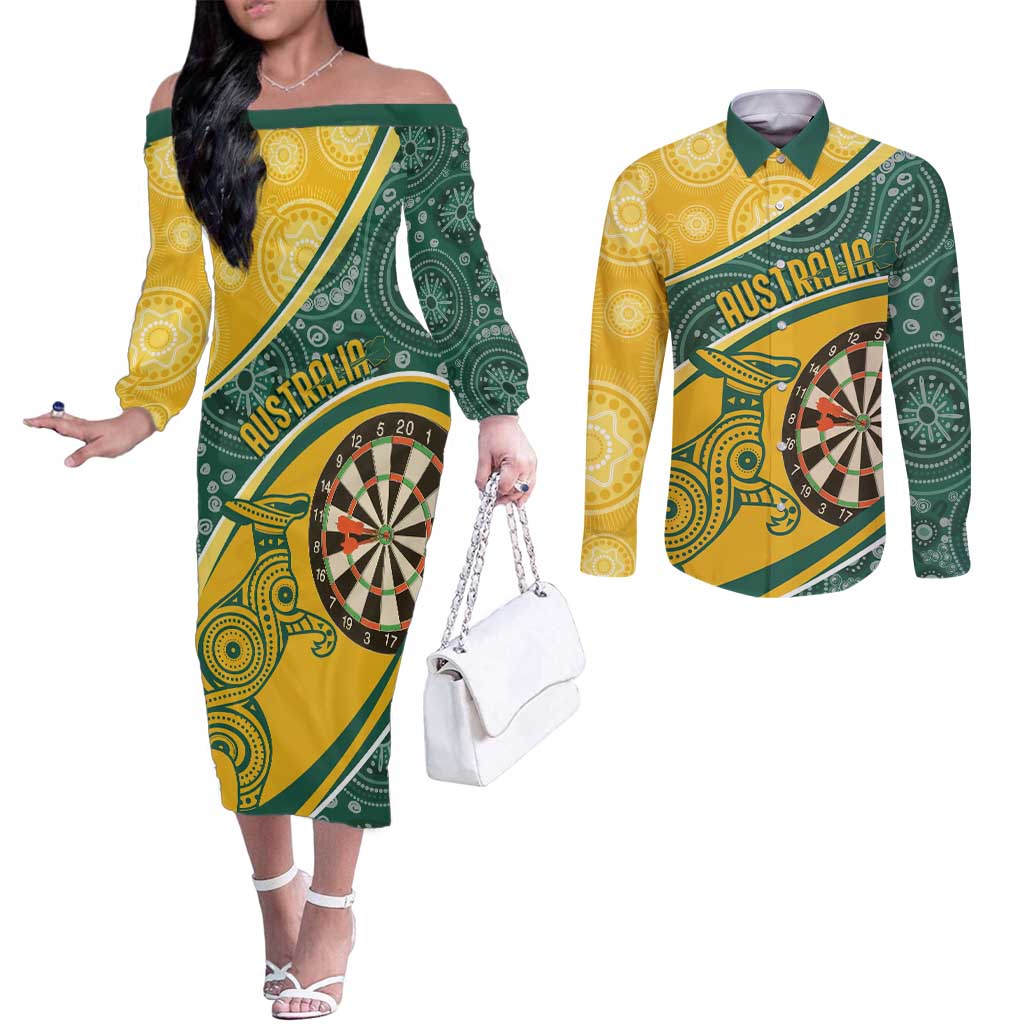 Australia Darts Personalized Indigenous Couples Matching Off The Shoulder Long Sleeve Dress and Long Sleeve Button Shirt Champion Roos