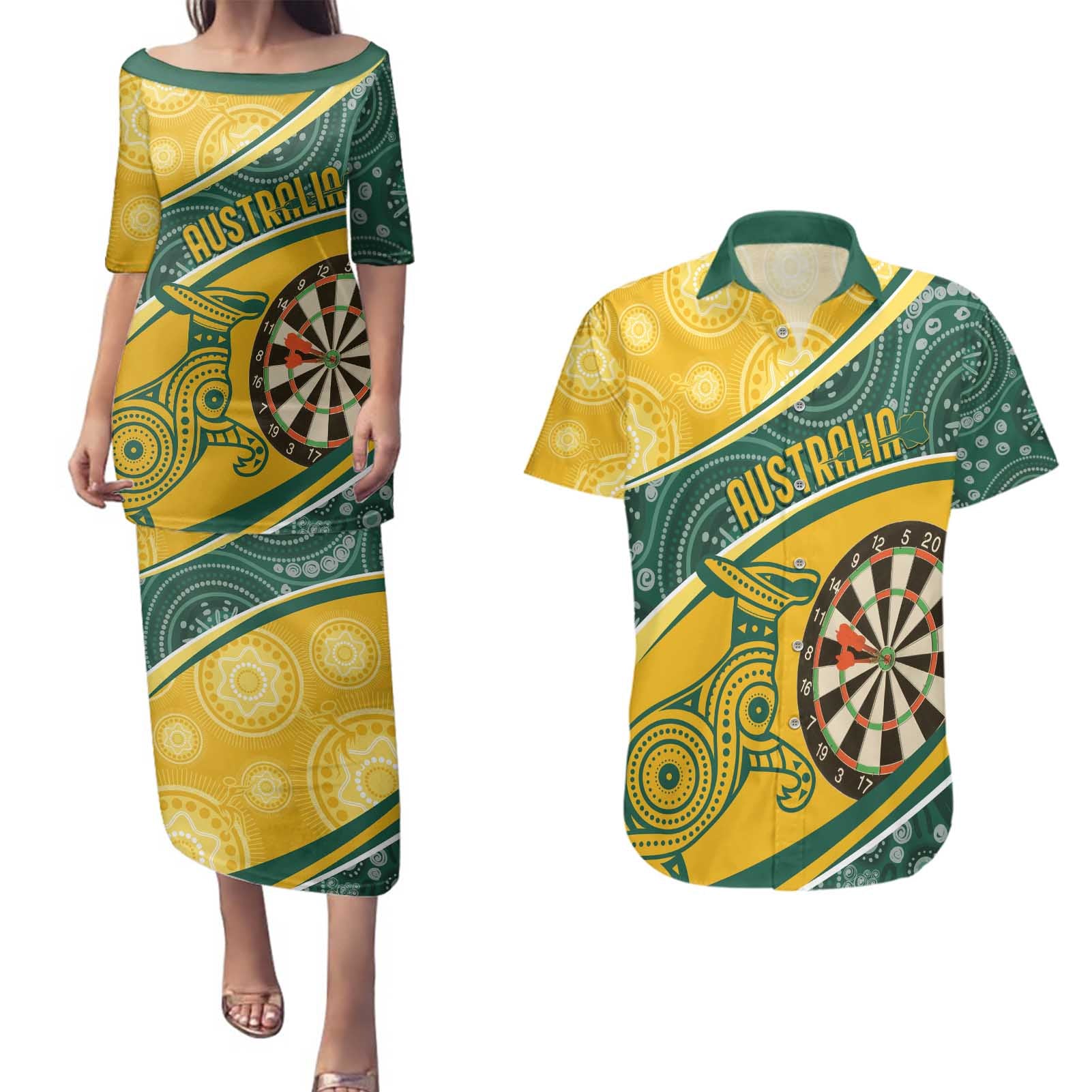 Australia Darts Personalized Indigenous Couples Matching Puletasi and Hawaiian Shirt Champion Roos