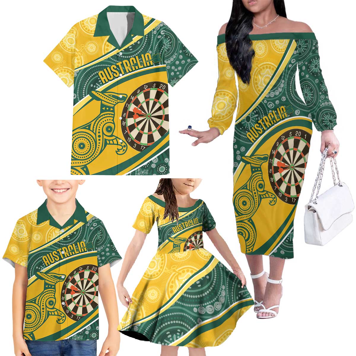 Australia Darts Personalized Indigenous Family Matching Off The Shoulder Long Sleeve Dress and Hawaiian Shirt Champion Roos