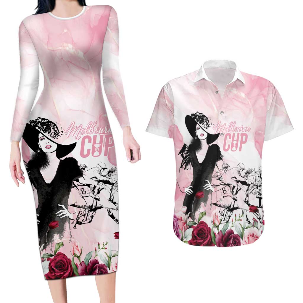 Melbourne Horse Racing Cup Pink Out Derby Couples Matching Long Sleeve Bodycon Dress and Hawaiian Shirt - Aussie Hoodie