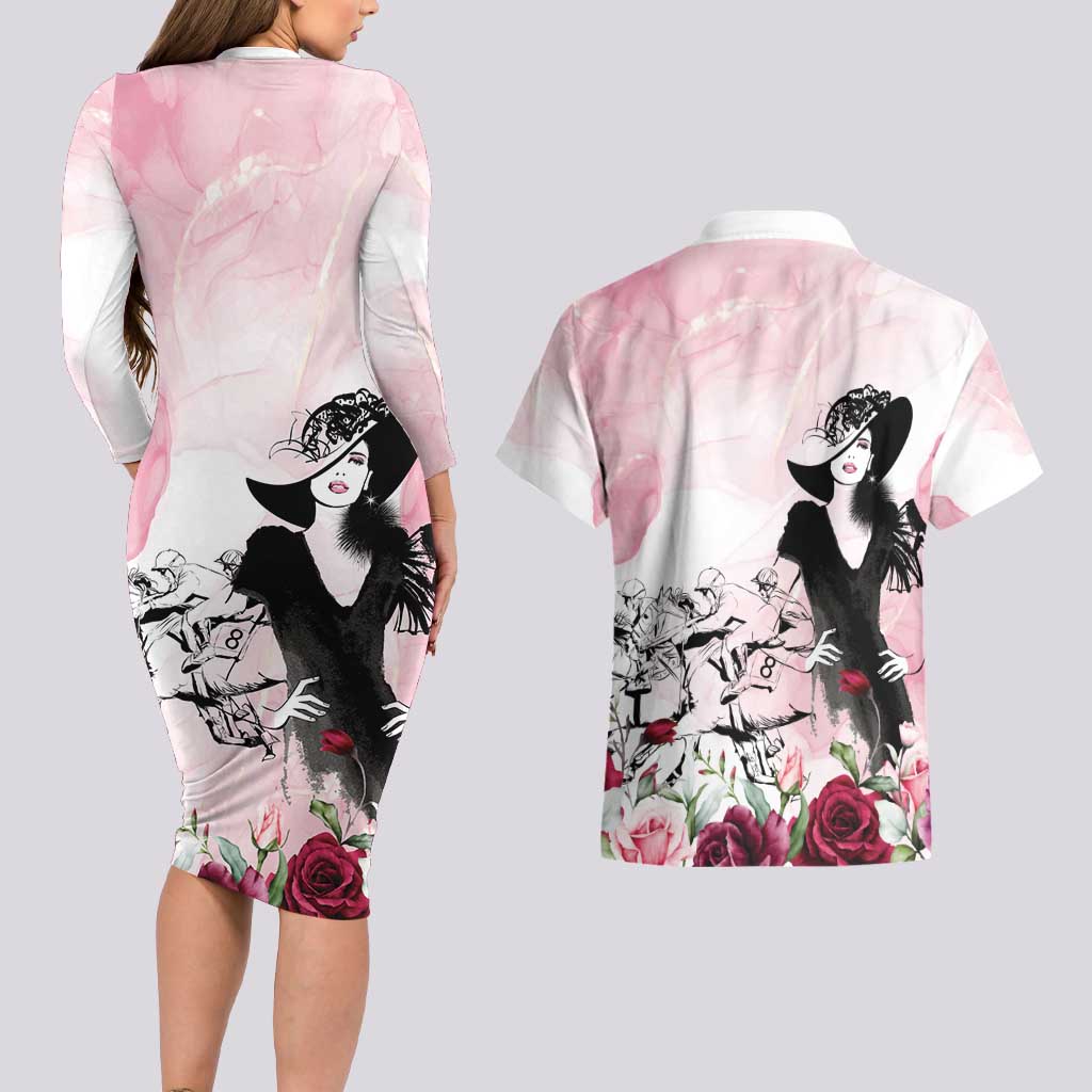 Melbourne Horse Racing Cup Pink Out Derby Couples Matching Long Sleeve Bodycon Dress and Hawaiian Shirt - Aussie Hoodie