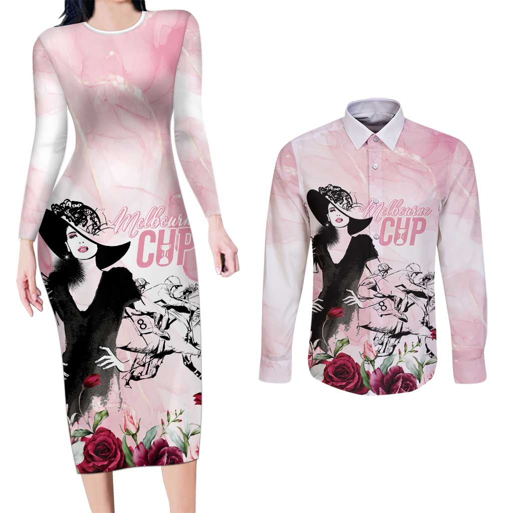 Melbourne Horse Racing Cup Pink Out Derby Couples Matching Long Sleeve Bodycon Dress and Long Sleeve Button Shirt - Aussie Hoodie