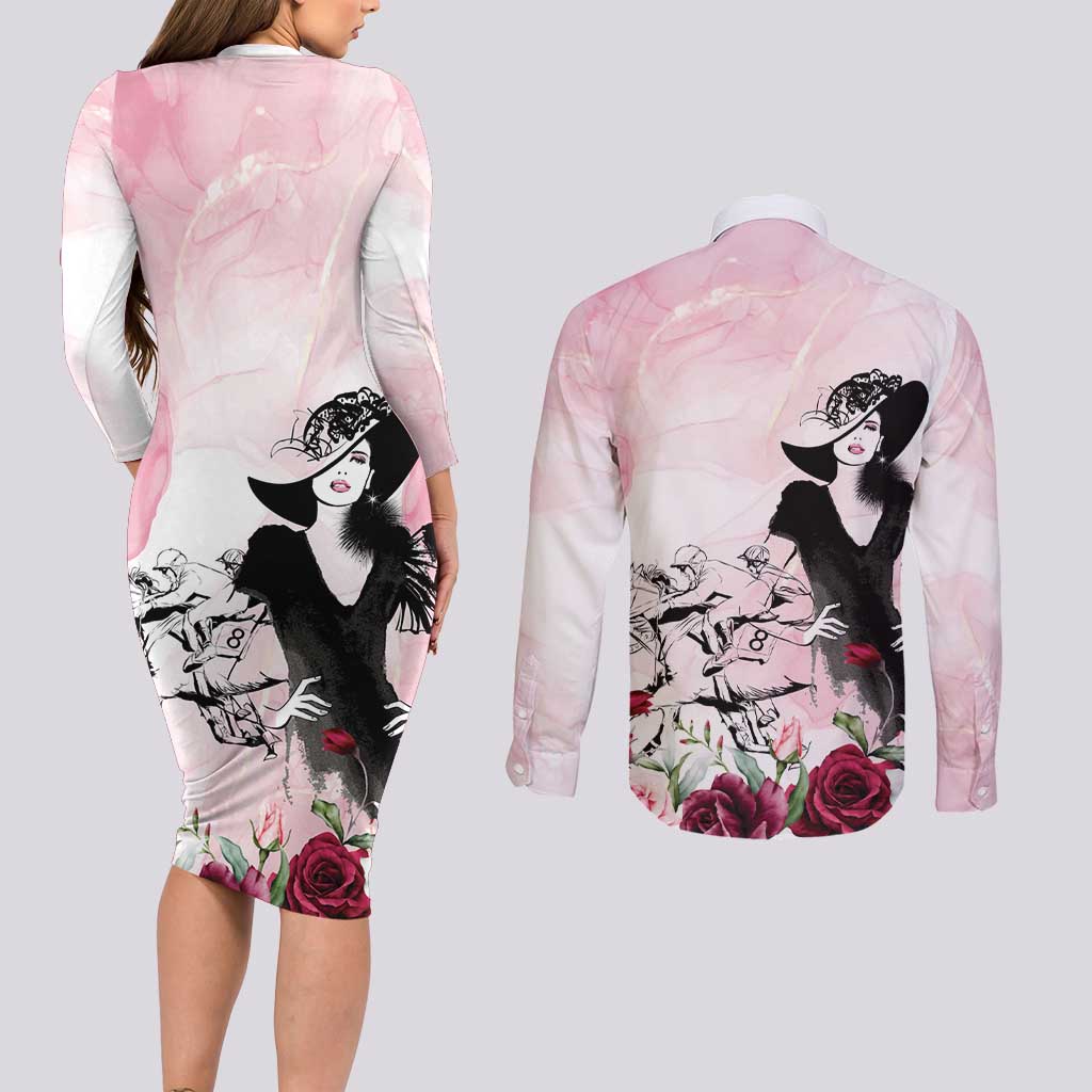 Melbourne Horse Racing Cup Pink Out Derby Couples Matching Long Sleeve Bodycon Dress and Long Sleeve Button Shirt - Aussie Hoodie