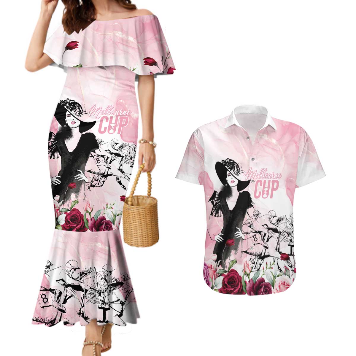 Melbourne Horse Racing Cup Pink Out Derby Couples Matching Mermaid Dress and Hawaiian Shirt - Aussie Hoodie