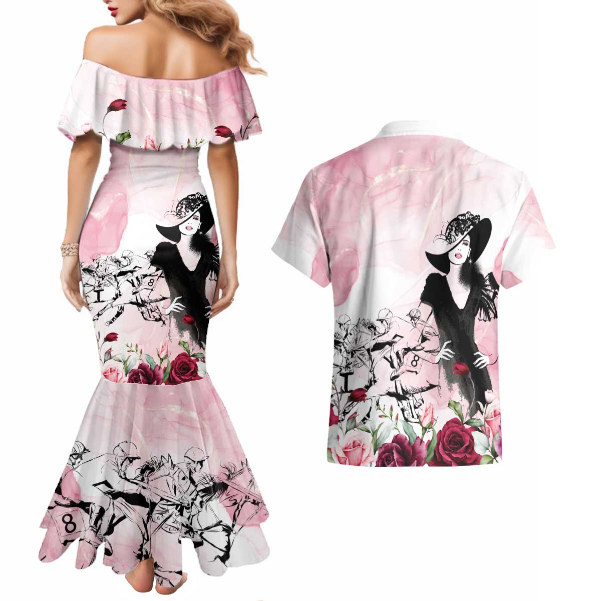 Melbourne Horse Racing Cup Pink Out Derby Couples Matching Mermaid Dress and Hawaiian Shirt - Aussie Hoodie