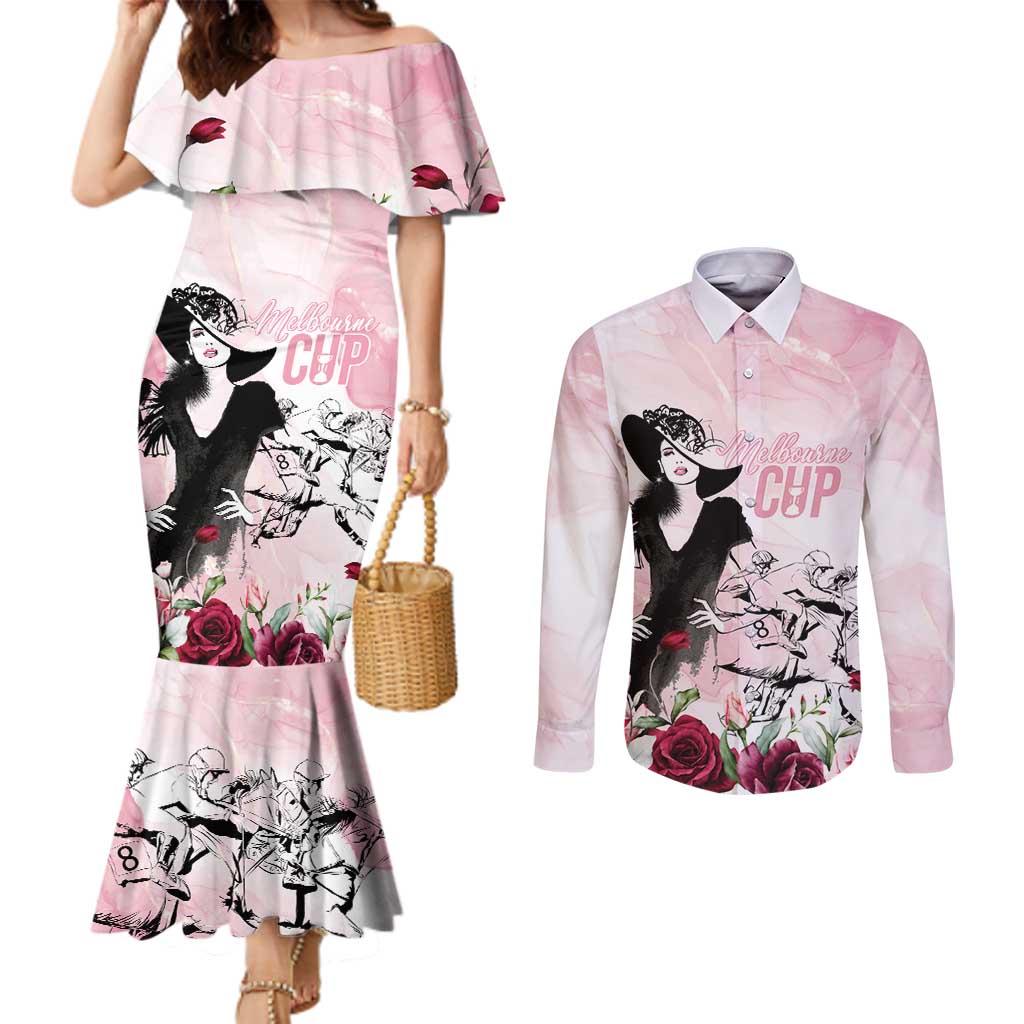 Melbourne Horse Racing Cup Pink Out Derby Couples Matching Mermaid Dress and Long Sleeve Button Shirt - Aussie Hoodie