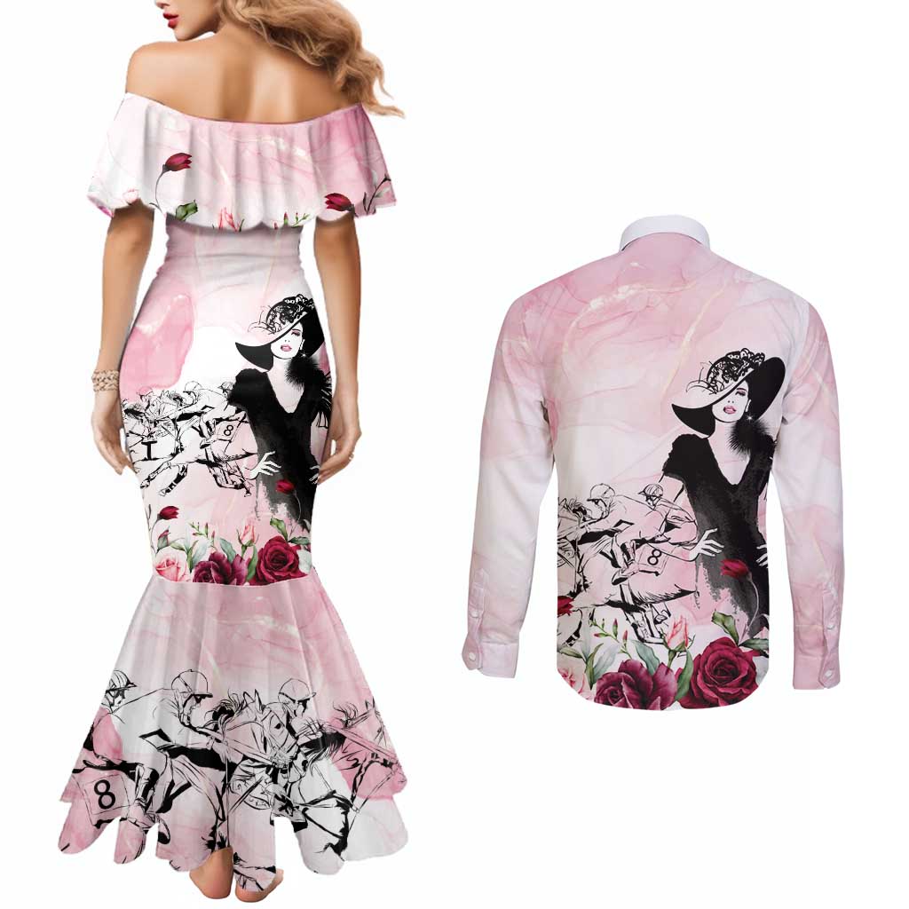 Melbourne Horse Racing Cup Pink Out Derby Couples Matching Mermaid Dress and Long Sleeve Button Shirt - Aussie Hoodie