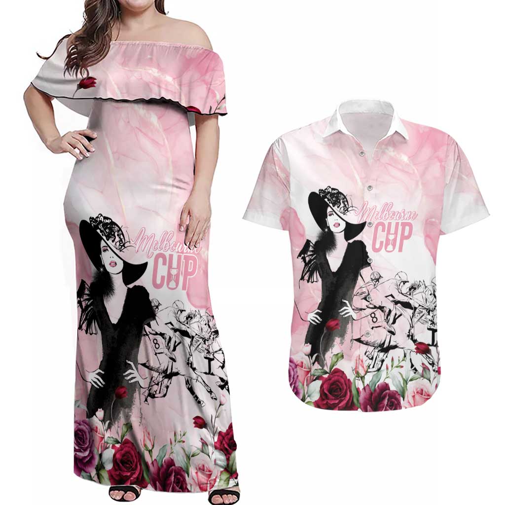 Melbourne Horse Racing Cup Pink Out Derby Couples Matching Off Shoulder Maxi Dress and Hawaiian Shirt - Aussie Hoodie
