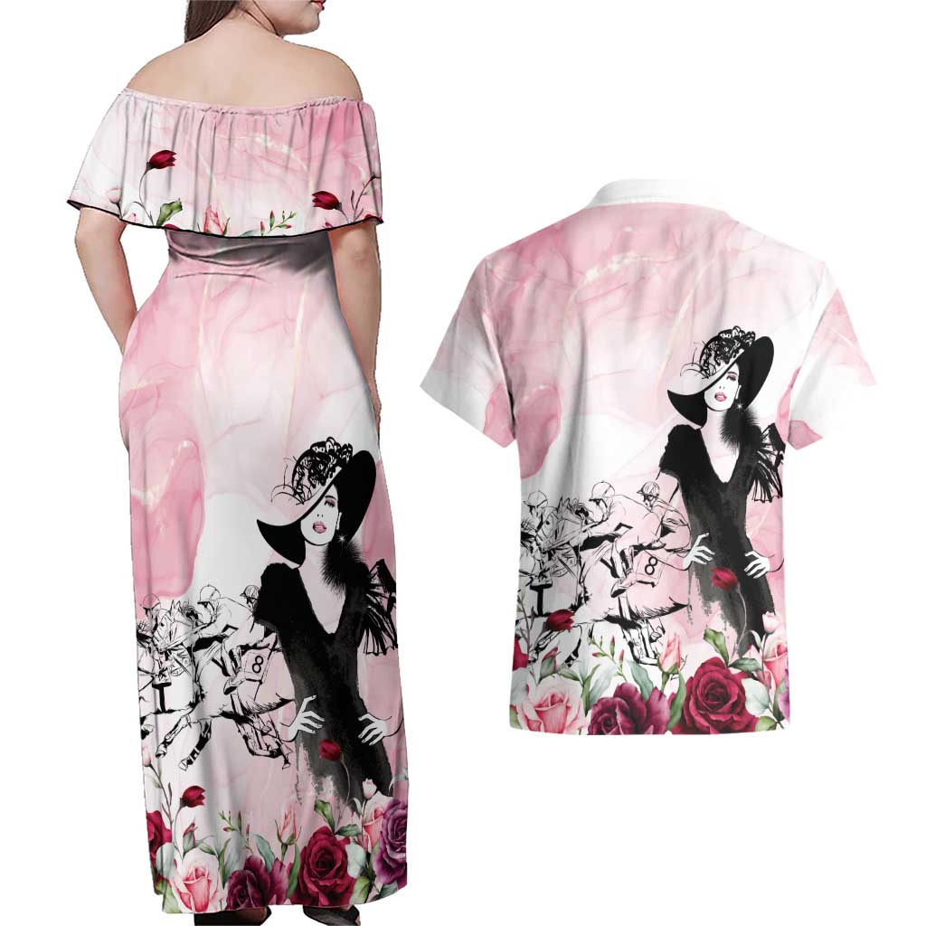 Melbourne Horse Racing Cup Pink Out Derby Couples Matching Off Shoulder Maxi Dress and Hawaiian Shirt - Aussie Hoodie