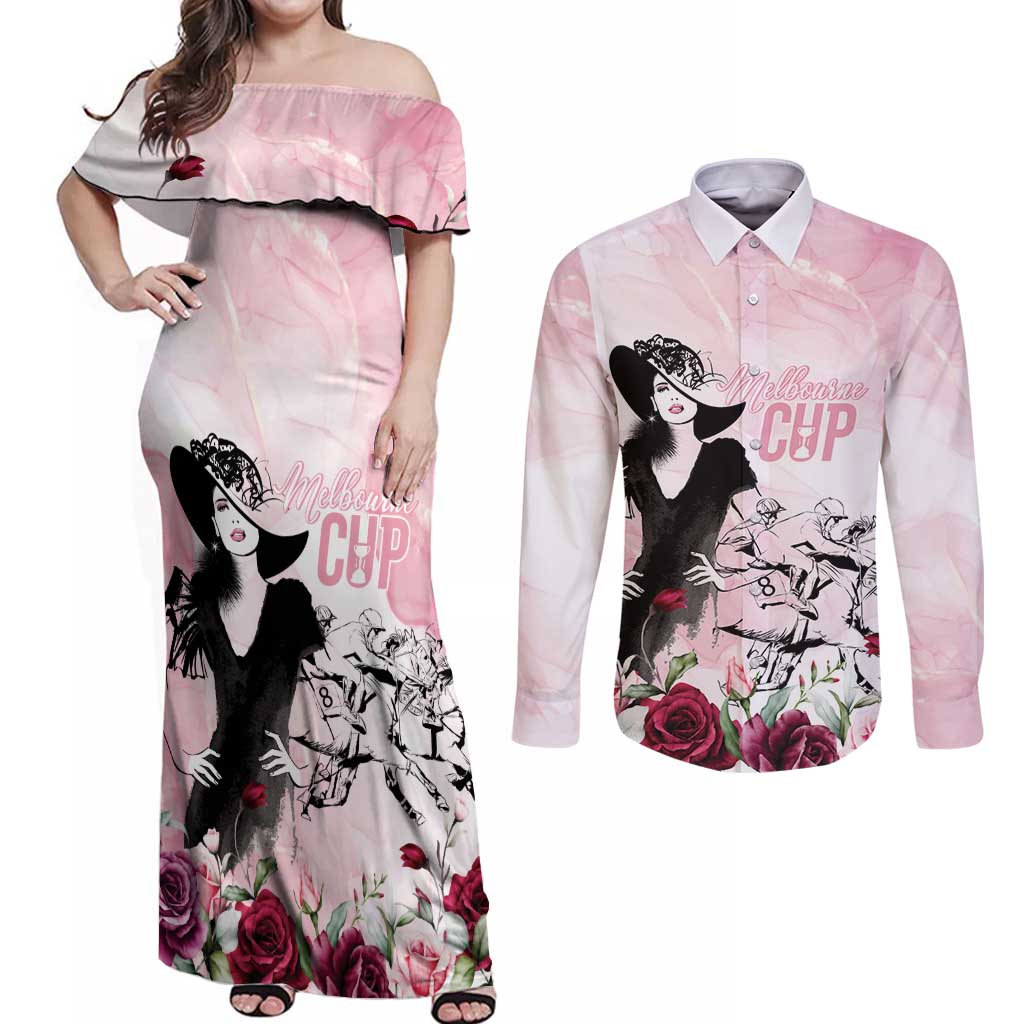 Melbourne Horse Racing Cup Pink Out Derby Couples Matching Off Shoulder Maxi Dress and Long Sleeve Button Shirt - Aussie Hoodie