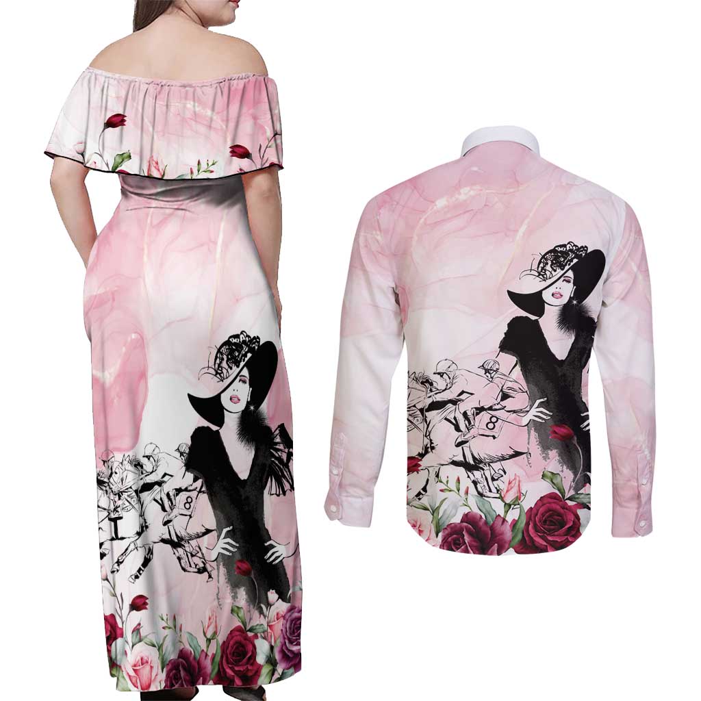 Melbourne Horse Racing Cup Pink Out Derby Couples Matching Off Shoulder Maxi Dress and Long Sleeve Button Shirt - Aussie Hoodie