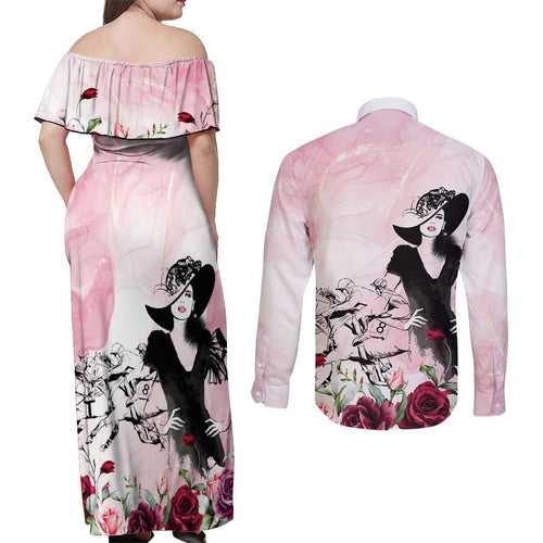 Melbourne Horse Racing Cup Pink Out Derby Couples Matching Off Shoulder Maxi Dress and Long Sleeve Button Shirt - Aussie Hoodie