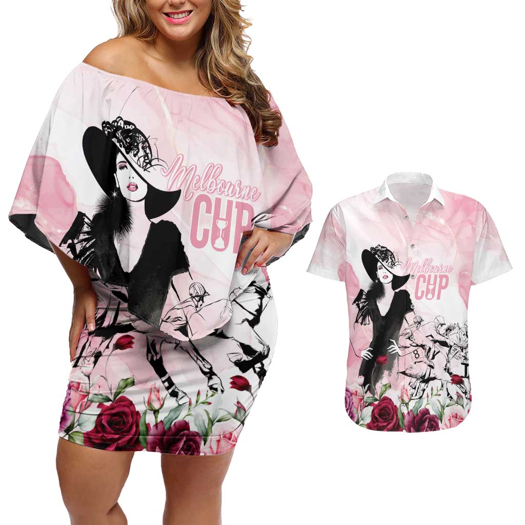 Melbourne Horse Racing Cup Pink Out Derby Couples Matching Off Shoulder Short Dress and Hawaiian Shirt - Aussie Hoodie