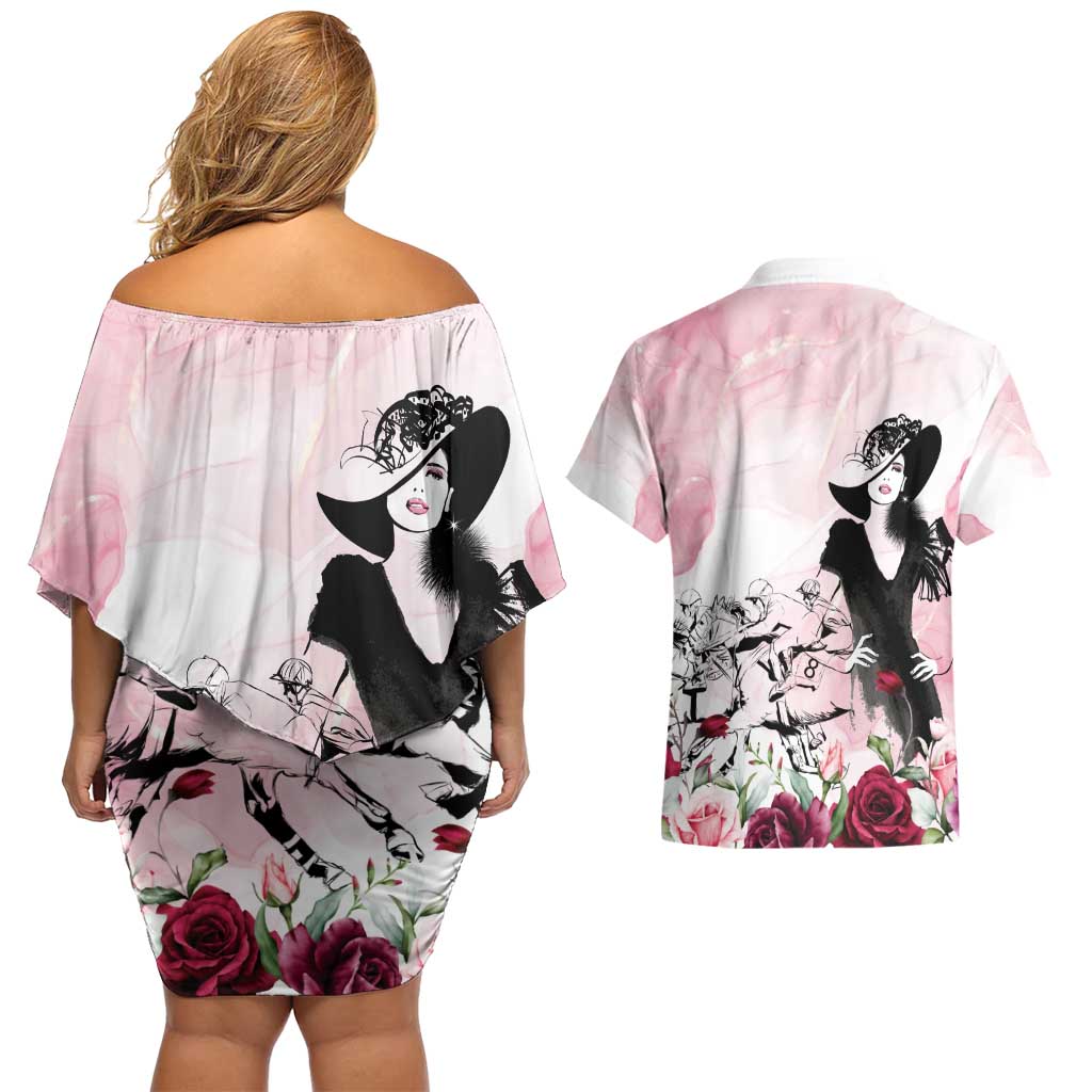 Melbourne Horse Racing Cup Pink Out Derby Couples Matching Off Shoulder Short Dress and Hawaiian Shirt - Aussie Hoodie