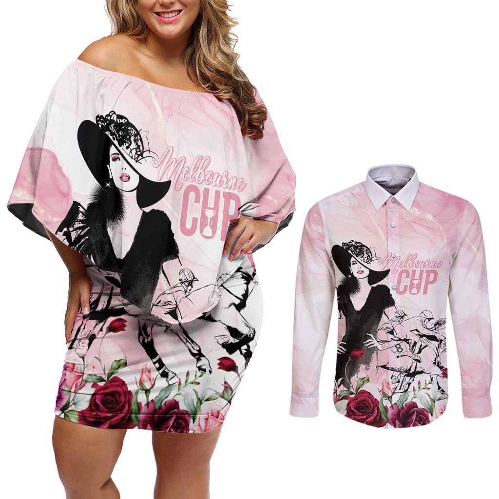 Melbourne Horse Racing Cup Pink Out Derby Couples Matching Off Shoulder Short Dress and Long Sleeve Button Shirt - Aussie Hoodie