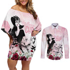 Melbourne Horse Racing Cup Pink Out Derby Couples Matching Off Shoulder Short Dress and Long Sleeve Button Shirt - Aussie Hoodie