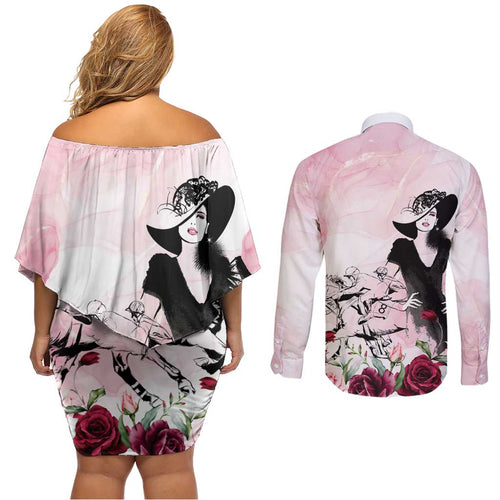 Melbourne Horse Racing Cup Pink Out Derby Couples Matching Off Shoulder Short Dress and Long Sleeve Button Shirt - Aussie Hoodie
