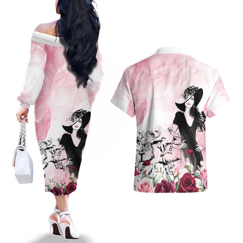 Melbourne Horse Racing Cup Pink Out Derby Couples Matching Off The Shoulder Long Sleeve Dress and Hawaiian Shirt - Aussie Hoodie